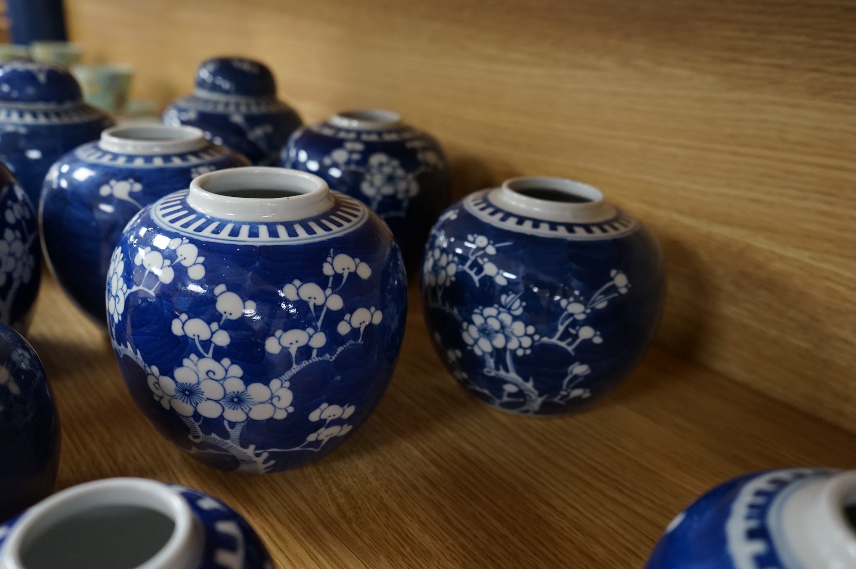 Eleven Chinese blue and white prunus jars and two covers, late 19th/20th century, tallest jar and cover 15cm high.